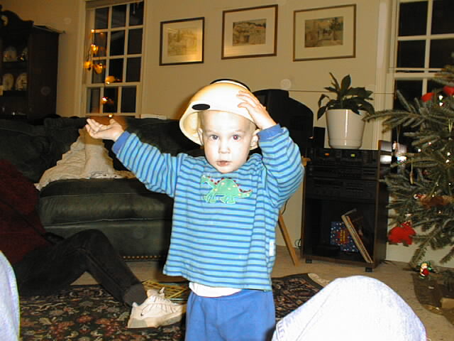 Bryson wearing bowl on head